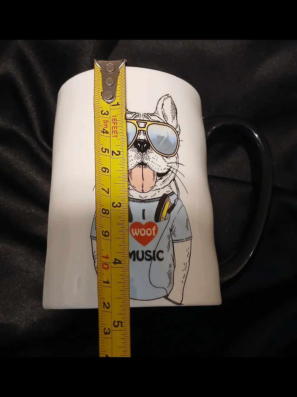 White Dog Graphic Coffee Mug with Black Handle - Cute 'Woof Music' Design